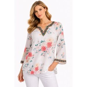 Linda Anderson Women XXL Floral Boho Peasant Blouse White Rayon Embroidered Top